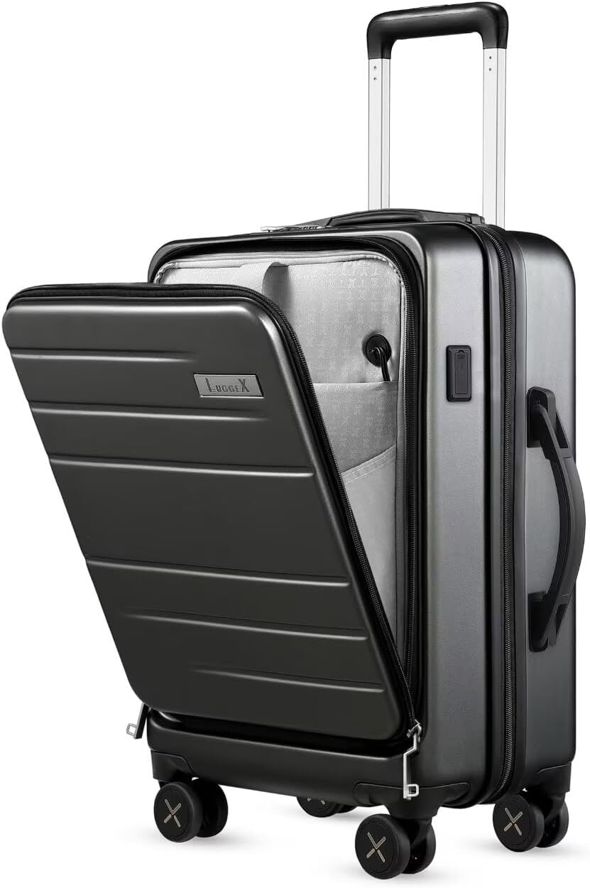 LUGGEX Carry On Luggage 22x14x9 Airline Approved, Polycarbonate Hard Suitcase with Front Pocket (Charcoal Metallic, 20 Inch, 35L)