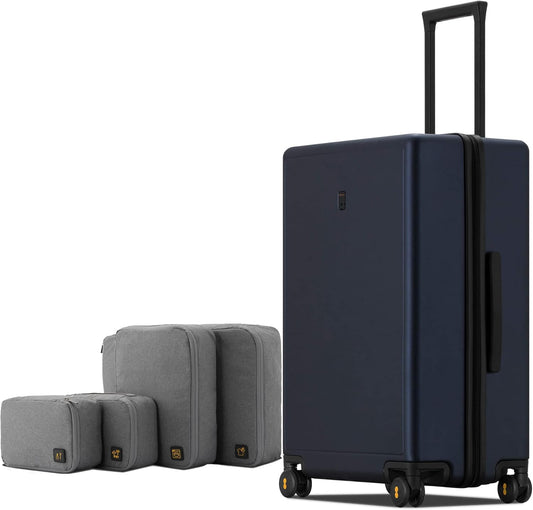 LEVEL8 Elegance Checked Luggage, 24 Inch Hardside Suitcase, Lightweight Matte Hardshell with Tsa Lock, Large Suitcases with Spinner Wheels, Navy Blue