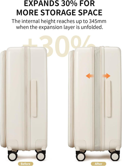 aji Expandable Top Open 26 Inch Checked Luggage with Spinner Wheels, Large Suitcase with TSA Lock, Hardside Travel Luggage Suitcases for Men Women, for 24+Days Travel, Coconut White