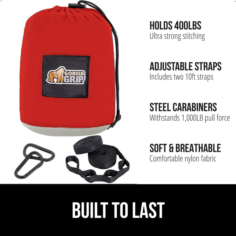 GORILLA GRIP Durable Portable Camping Hammock, Holds 400lbs with Heavy Duty Tree Straps, Comfortable Travel Swing, Camp Hammocks, Easy to Use and Install, Outdoor Essentials, Red, 9x4.5 FT