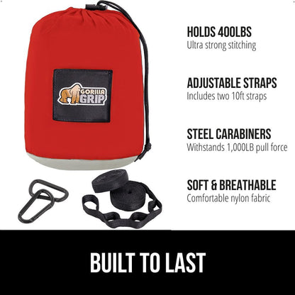 GORILLA GRIP Durable Portable Camping Hammock, Holds 400lbs with Heavy Duty Tree Straps, Comfortable Travel Swing, Camp Hammocks, Easy to Use and Install, Outdoor Essentials, Red, 9x4.5 FT