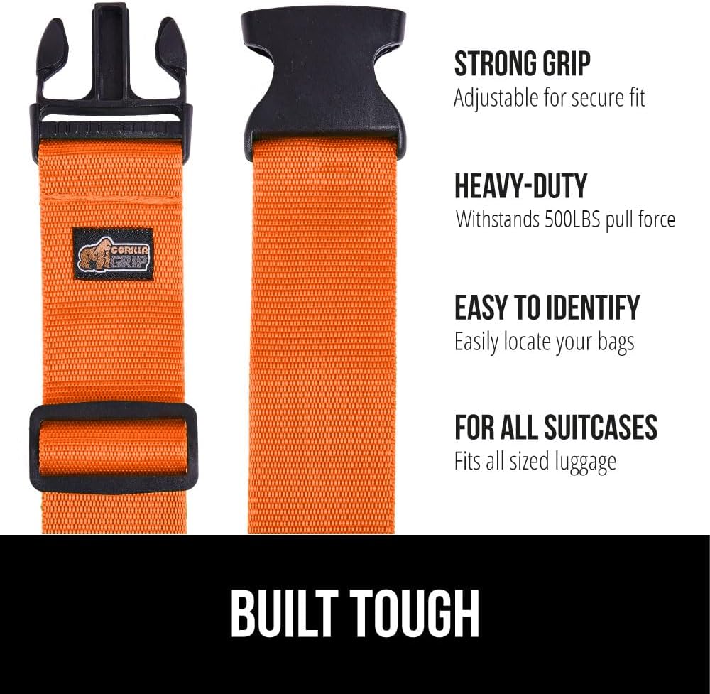 GORILLA GRIP Heavy Duty 8 Pack Adjustable Luggage Straps for Suitcases, Easy to Identify Travel Belt Connector Holds Suitcase Together, Extends Life of Bag, Strap Connects Two Bags, Accessories Orange