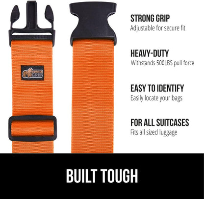 GORILLA GRIP Heavy Duty 4 Pack Adjustable Luggage Straps for Suitcases, Easy to Identify Travel Belt Connector Holds Suitcase Together, Extends Life of Bag, Strap Connects Two Bags, Accessories Orange