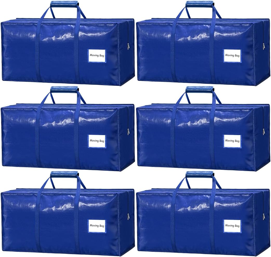 6 Pack Heavy Duty Moving Bags with Padded Wrap Around Handles-Strengthened Zipper Extra Large Storage Totes for Dorm College Clothes Blue