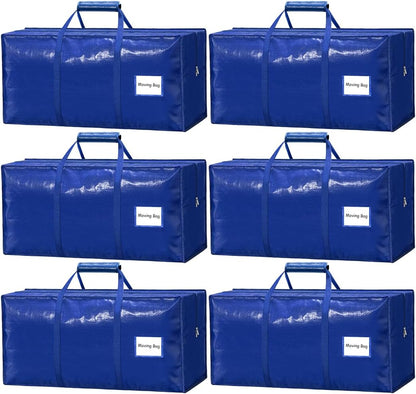 6 Pack Heavy Duty Moving Bags with Padded Wrap Around Handles-Strengthened Zipper Extra Large Storage Totes for Dorm College Clothes Blue