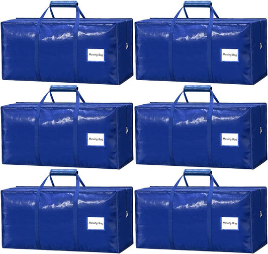 6 Pack Heavy Duty Moving Bags with Padded Wrap Around Handles-Strengthened Zipper Extra Large Storage Totes for Dorm College Clothes Blue
