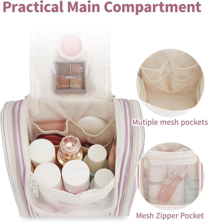 Narwey Small Striped Hanging Travel Toiletry Bag for Women, Travel Bag for Toiletries, Makeup Bag Organizer Cosmetic Bags Make Up Bags for Women (Dusty Rose Stripe)