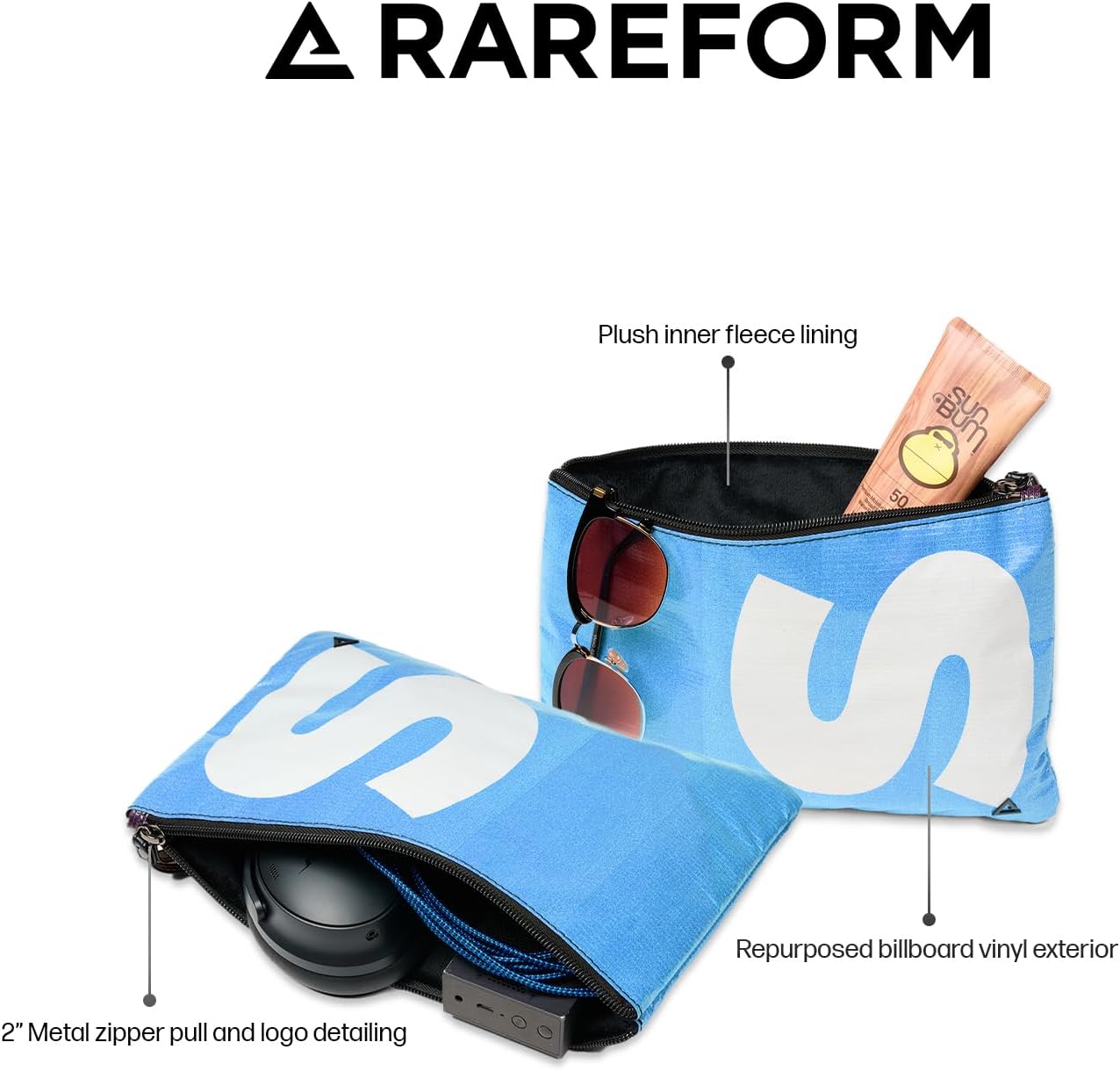 Rareform Essentials Organizer Pouch | Travel Accessory Bag, Protects Tech, Cosmetics, Toiletries with Inner Fleece Lining, Water-Resistant | Recycled Nylon, Black