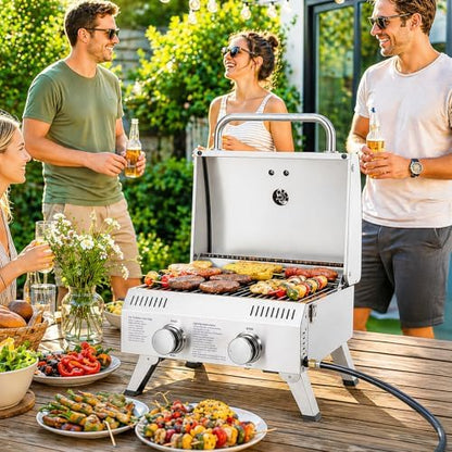 ROVSUN 20000 BTU Stainless Steel Propane Gas Grill with Ignition, 2 Burner Portable Tabletop Grill with Folding Legs & Lockable Lid for Outdoor Patio Garden BBQ Picnic RV Tailgating Camping Cooking