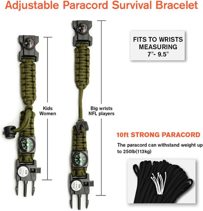 20 in 1 Survival Paracord Bracelet Adjustable Gear Kit with SOS LED Light, Fire Starter, Bigger Compass, Survival Whistle, Perfect for Camping, Hiking, Fishing