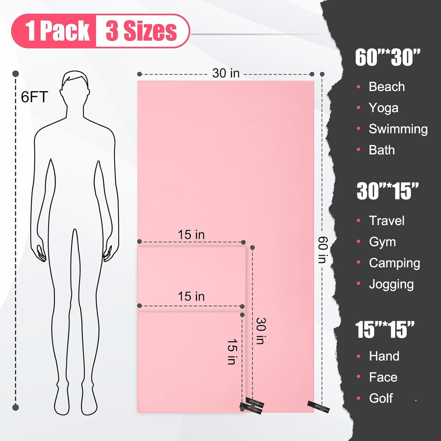 Quick Dry Travel Towel, 3 Sizes 1 Pack Camping Microfiber Towel, Lightweight Fast Drying Towels Set 60"x30", 30"x15", 15"x15" w/Bag for Gym, Beach, Hiking, Swimming, Pink