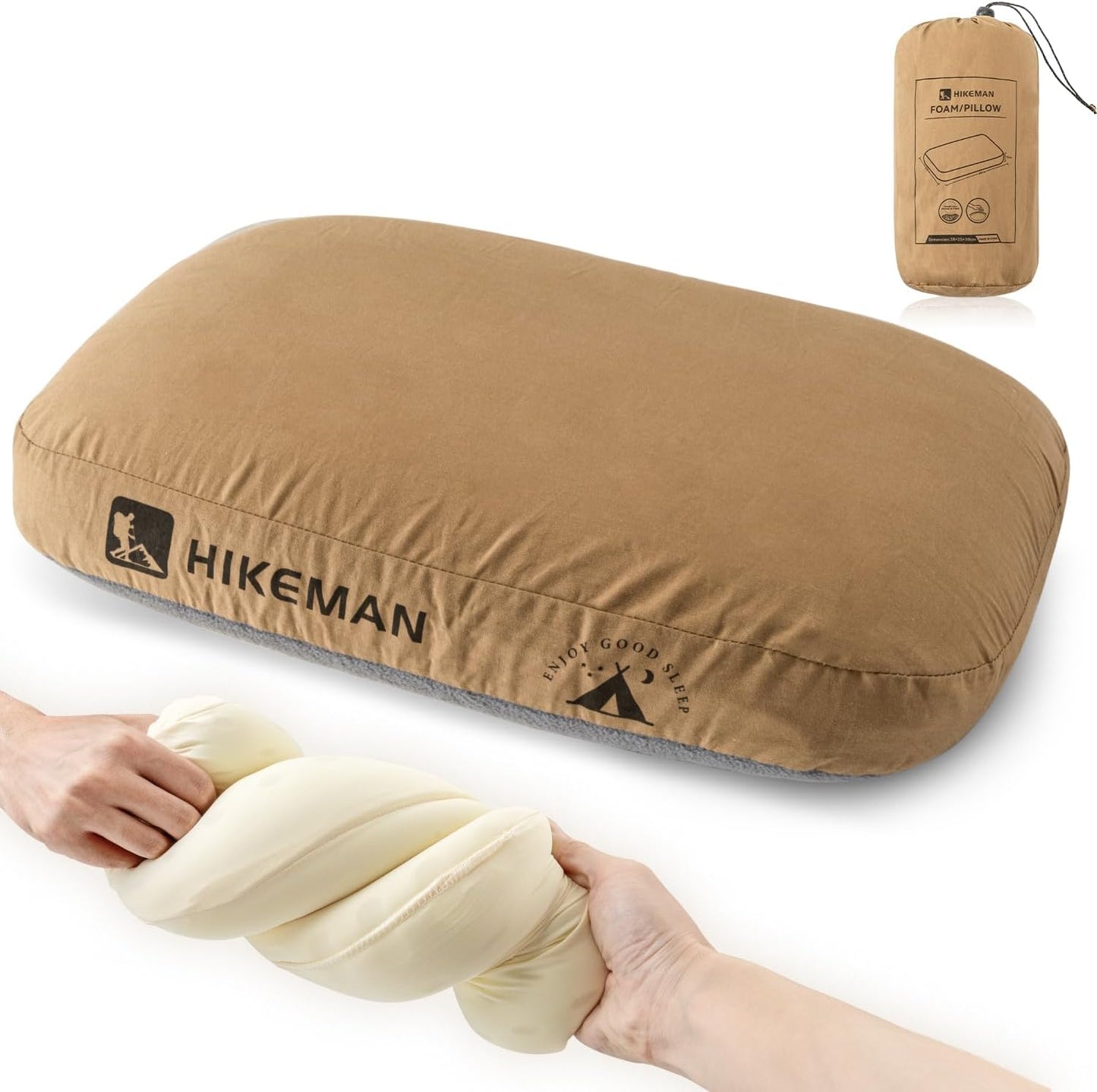 HIKEMAN Camping Memory Foam Pillow - Ultralight Travel Pillow,Backpacking Pillow with Removable Cover,Ergonomic Pillows,Neck Lumbar Support for Outdoor Camp,Sport,Hiking,Backpacking Sleep (Brown)