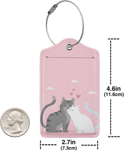 2PC Cats in Love Pattern Luggage Tag with Pink Background, Sublimation Printed Travel Suitcase Baggage Identifiers Tags for Women Men Couple Mr Mrs Children Kids Honeymoon Wedding Gift