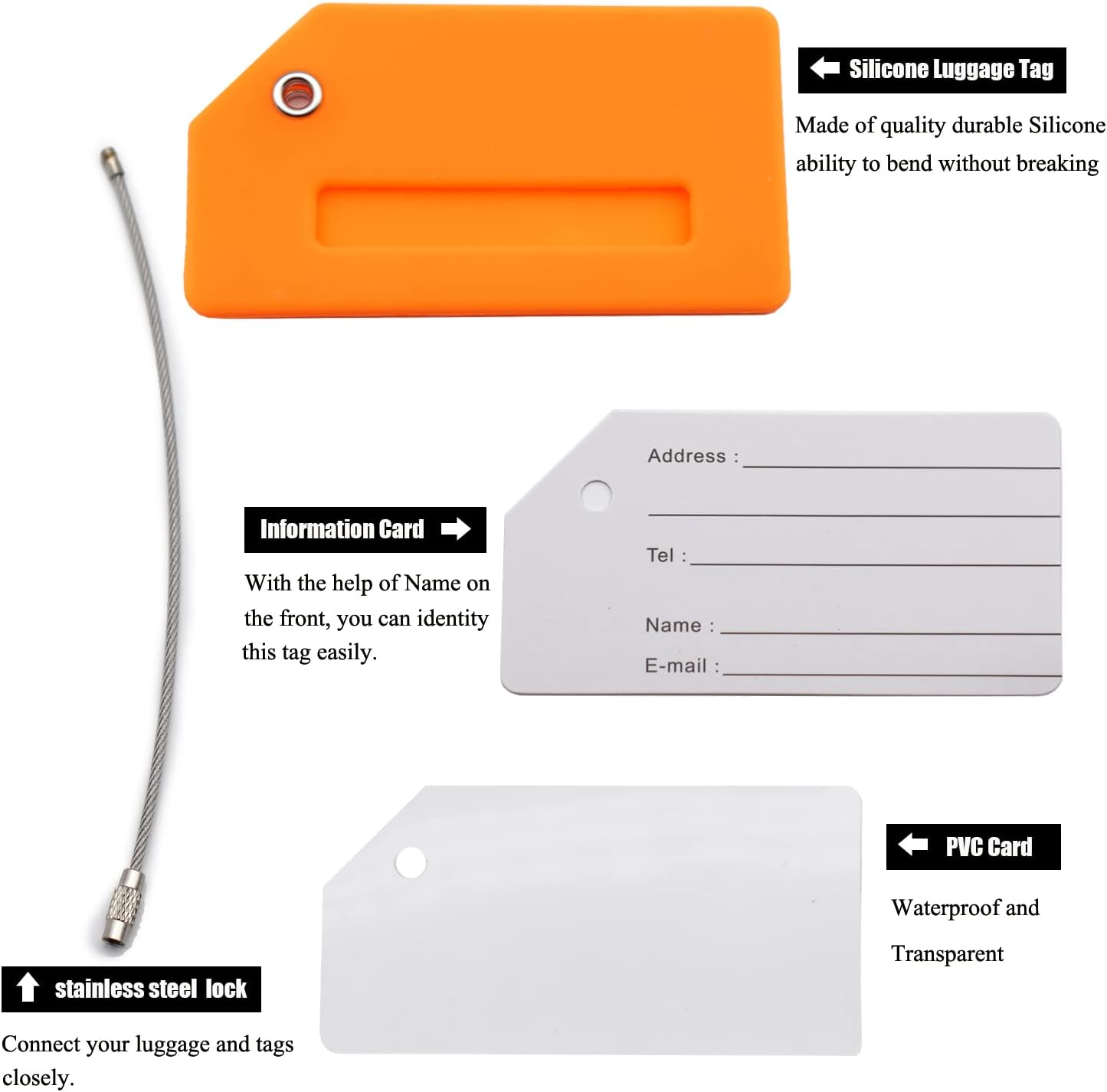 7 Pack Silicone Luggage Tag Baggage Handbag Travel Suitcase Tags with Name ID Card Perfect to Quickly Spot Luggage Suitcase (Orange