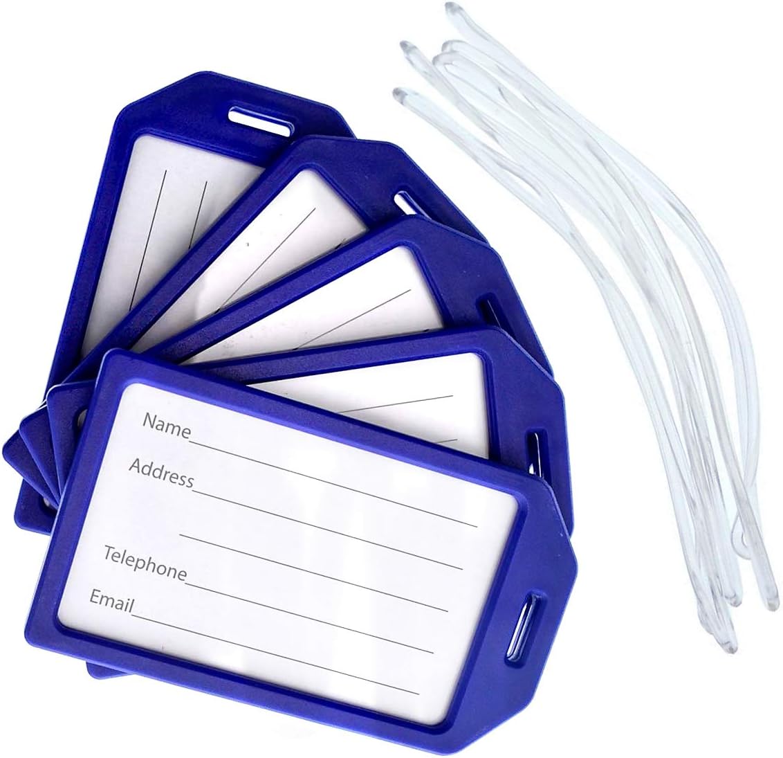 5 Pack of Premium Rigid Airline Luggage Tag Holders with 6" Worm Loops - Heavy Duty Hard Plastic -Suitcase ID Tag Identifiers with Business Card Insert Window by Specialist ID (Navy Blue)