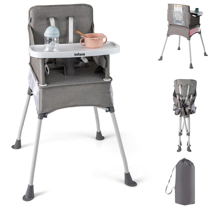 INFANS Baby High Chair, Foldable Portable Highchair for Babies and Toddlers with Travel Bag Adjustable Tray, 5 Point Harness, Compact Space Saver Infant Feeding Chair for Age 6-36 Months (Grey)