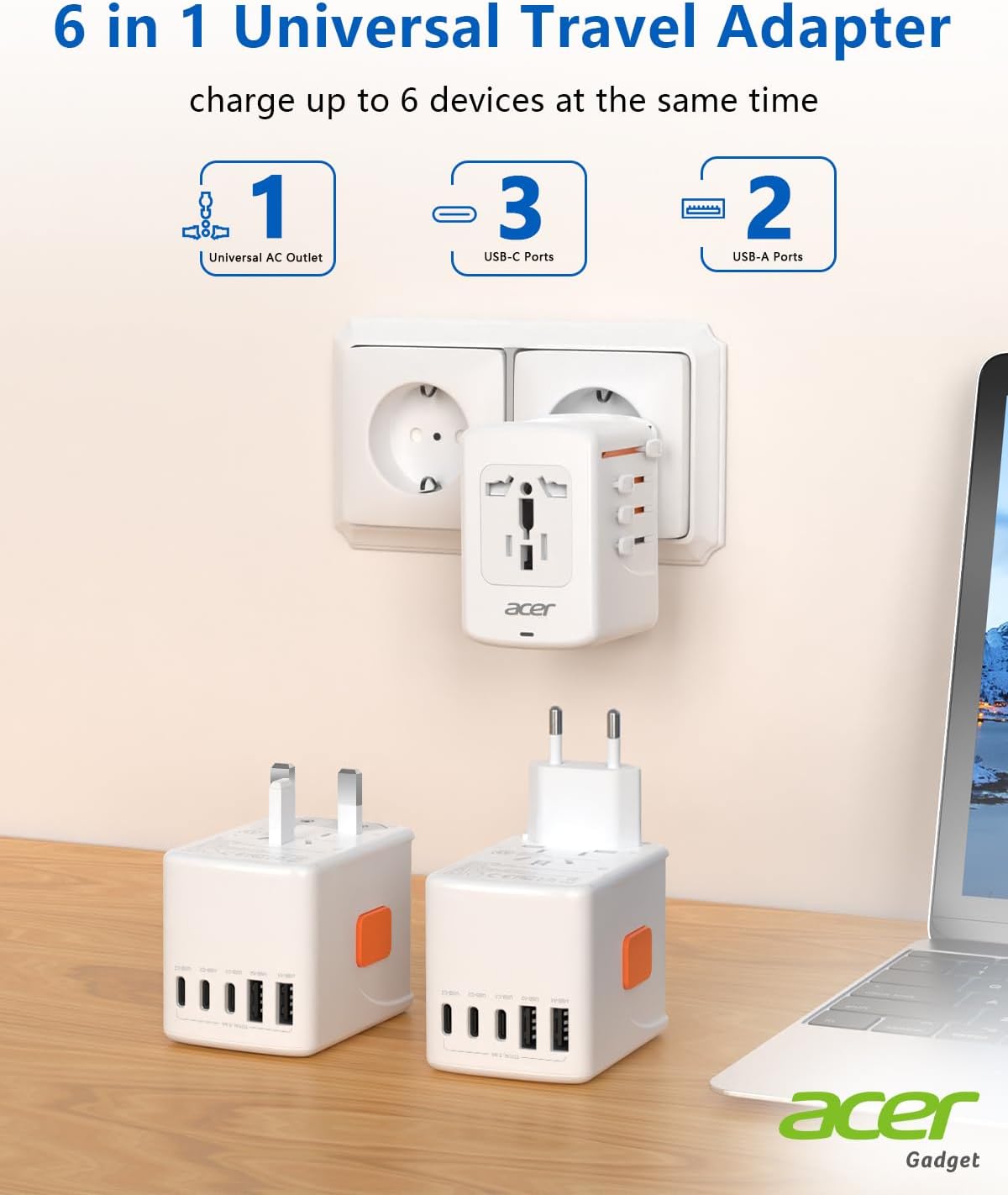 Acer Universal Travel Plug Adapter - International Power Adapter with 5 USB Ports (3 USB C) 5.8A, Worldwide Outlet Charger for USA to European UK France Germany Spain, Type C/E/F/G/I/L/A, White