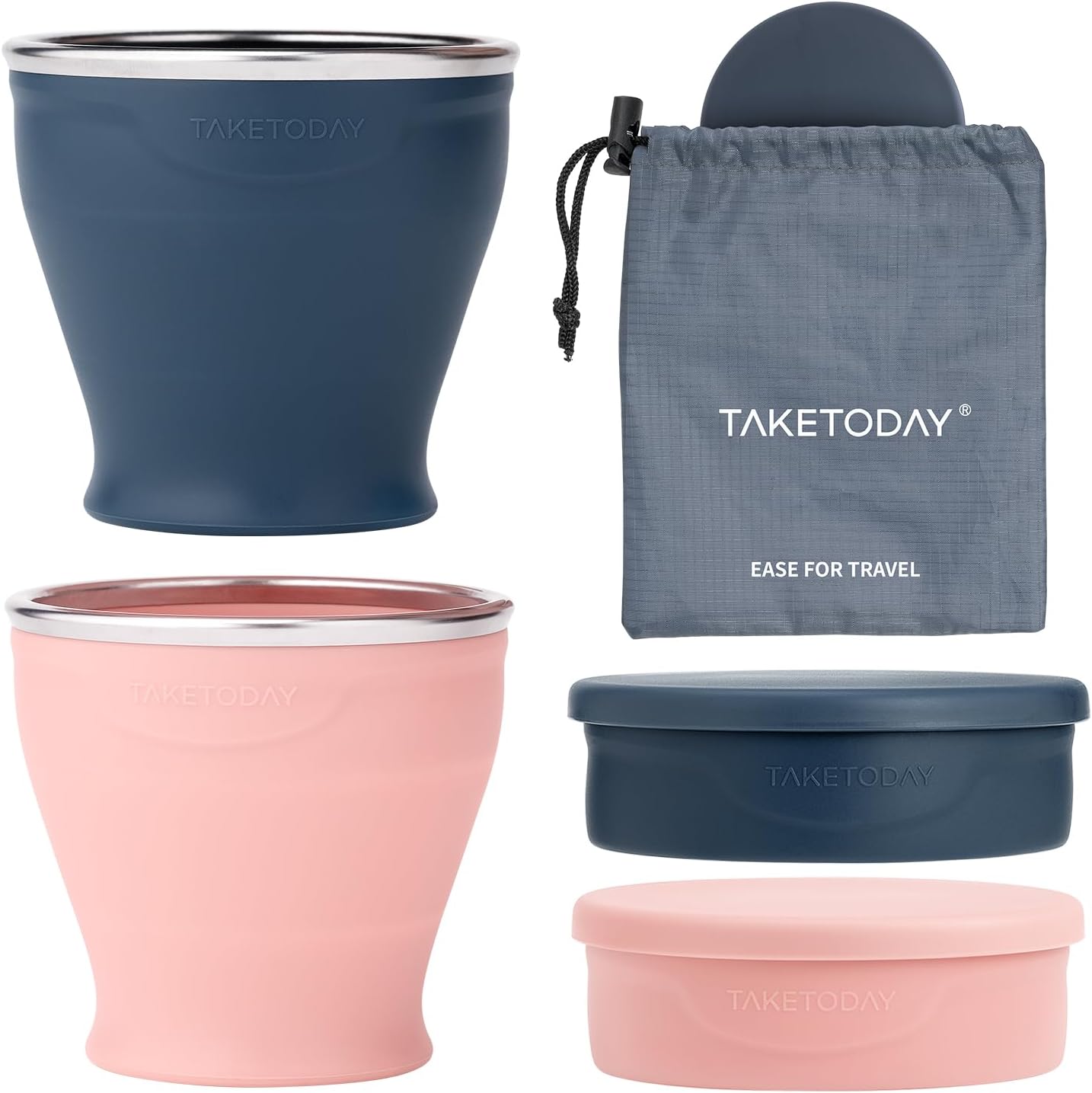 TakeToday 2PCS Collapsible Travel Cup - Silicone Foldable Water Cup, BPA-Free with Lid & Waterproof Bag - Drinking Cup Set for Camping, Outdoors & International Travel（8 Oz, Navy & Lowcountry Peach）