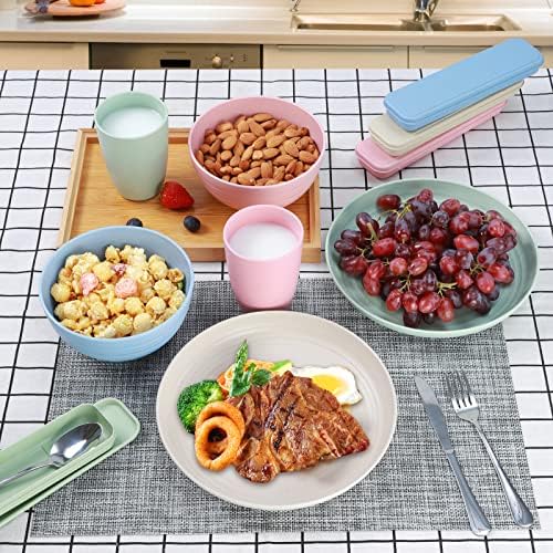 28PCS Kitchen Wheat Streaw Dinnerware Sets for 4, Wheat Straw Plates and Bowls Sets, College Dorm Kitchen Dinnerware Dishes Set Cutlery Set (Beige)