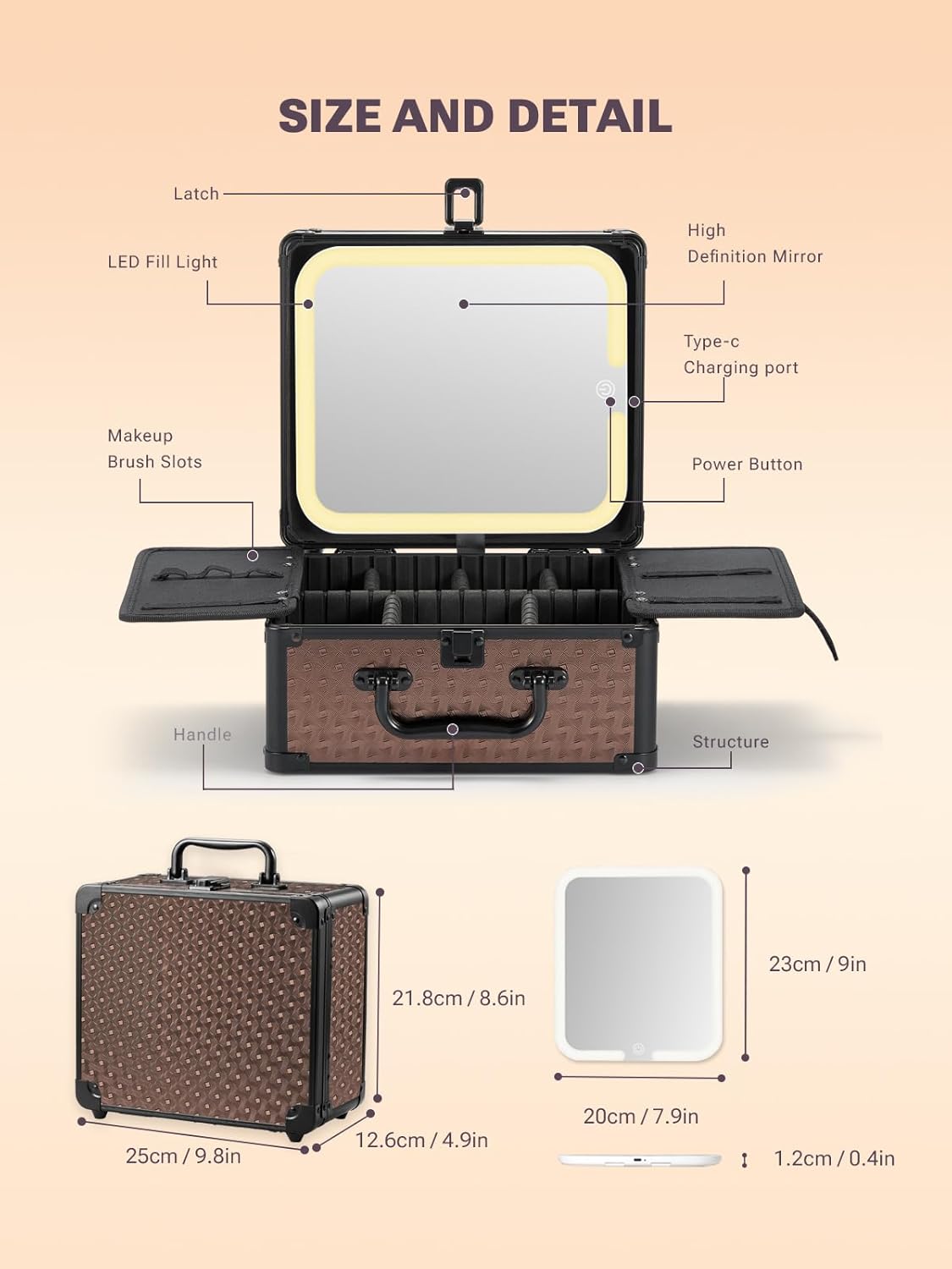 Qislee Makeup Box with A Detachable Lighted Mirror, Waterproof Travel Train Case, Cosmetic Organizer and Makeup Suitcase with Adjustable Dividers, Magnetic LED Mirror(Golden Brown)