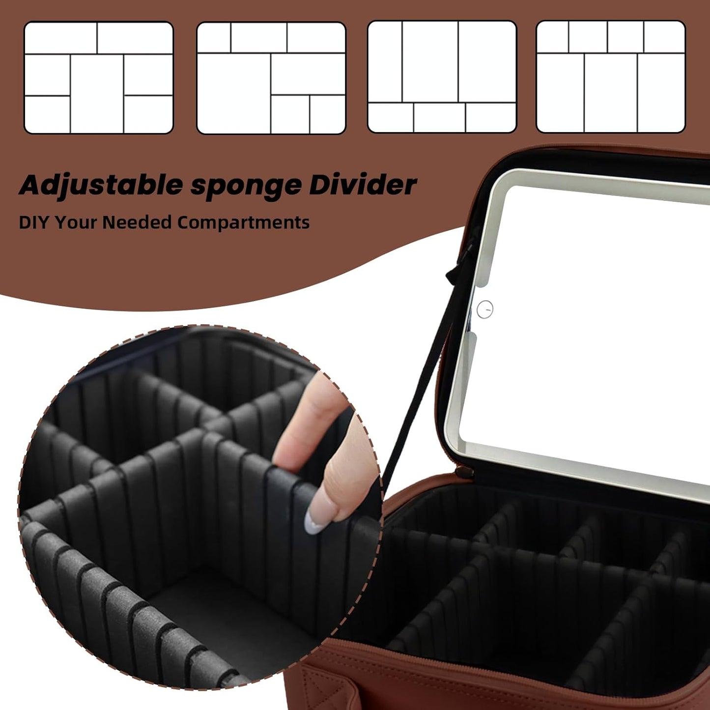 Travel Makeup Bag with LED Mirror and Light Travel Makeup Case Cosmetic Organizer Portable Cosmetic Brush Organizer Bag with Adjustable Dividers for Cosmetics Makeup Brushes Toiletry(Dark Brown)
