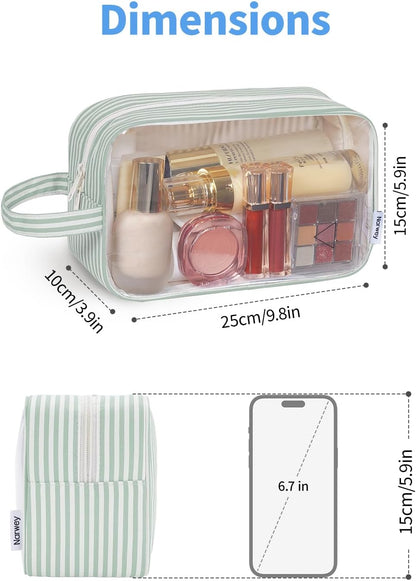 Narwey Clear Toiletry Bags for Traveling Women Men, Clear Travel Bags for Toiletries Makeup Bag Cosmetic Bag with Zipper, Make Up Organizer, Skincare Bag (Mint Green Stripe)