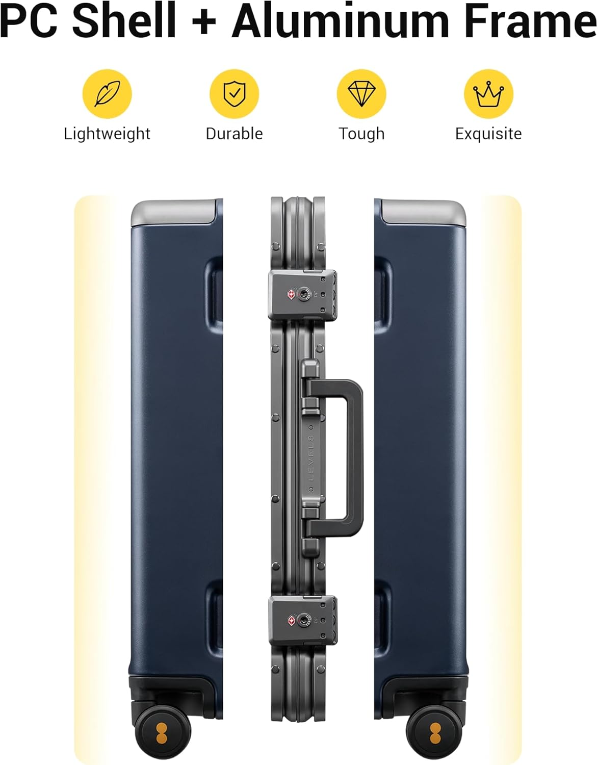 LEVEL8 Carry On Luggage Airline Approved Zipperless with Aluminum Frame, Hard Case Luggage with Spinner Wheels, Metal Travel Suitcase with Packing Organizers, 20 Inch, Blue