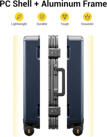 LEVEL8 Carry On Luggage Airline Approved Zipperless with Aluminum Frame, Hard Case Luggage with Spinner Wheels, Metal Travel Suitcase with Packing Organizers, 20 Inch, Blue