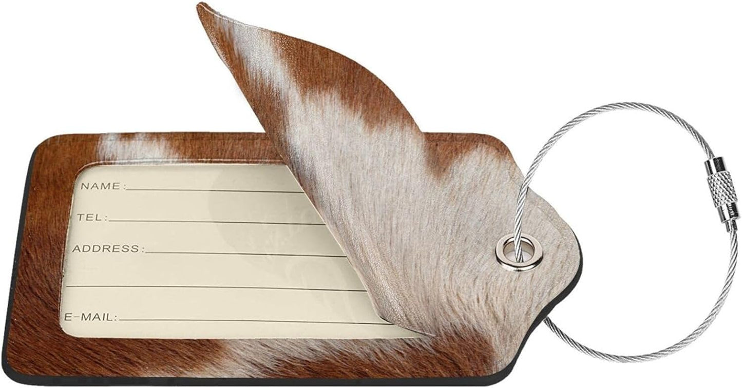 2 Pcs Funny Brown Cowhide Pattern Luggage Tag for Suitcase, Farm Animal Birthday Gift Women Men Boy Girl, Steel Loop with Privacy Cover ID Label
