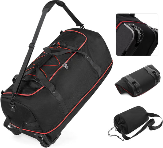 Vomgomfom 32" Soft-Sided Foldable Wheeled Travel Duffel Bag,Expandable 110L to 140L Rolling Cargo Bag with 2 Wheels and Multiple Pockets,Black-red