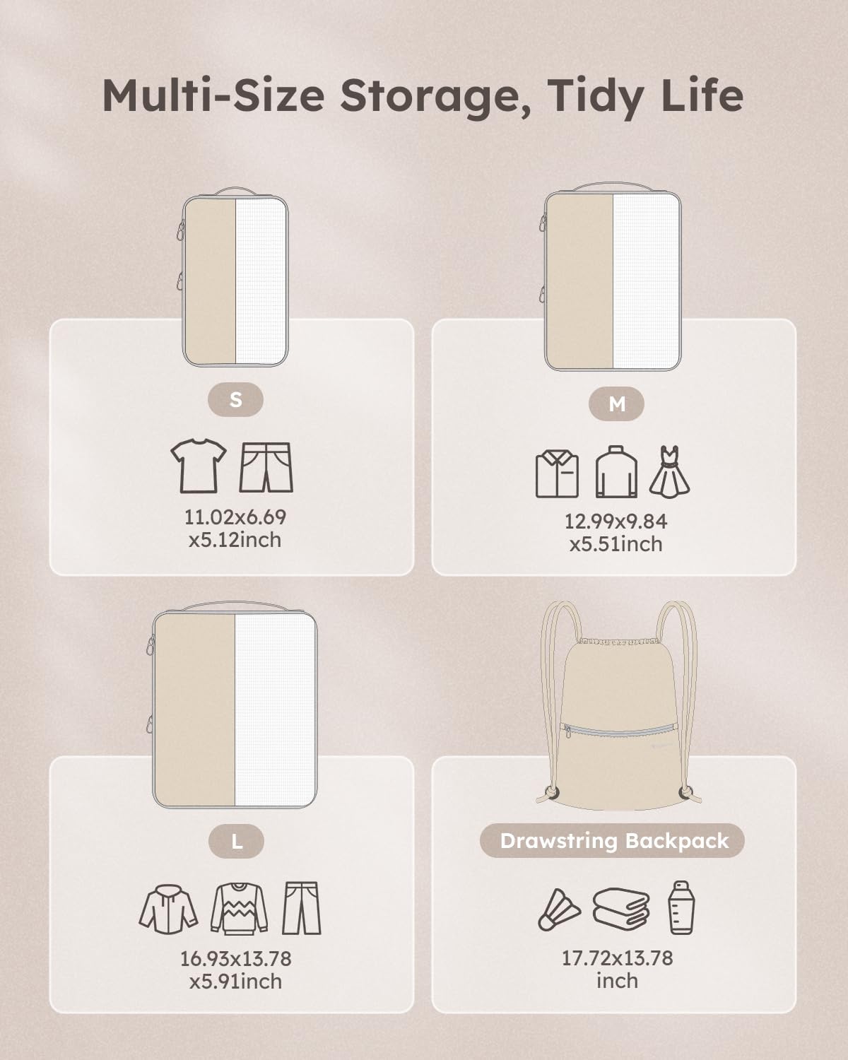 4 Set Compression Packing Cubes for Travel, Bonus Versatile Drawstring Backpack, Lightweight Luggage Organizer Bags, Sturdy Travel Accessories for Suitcase, Beige