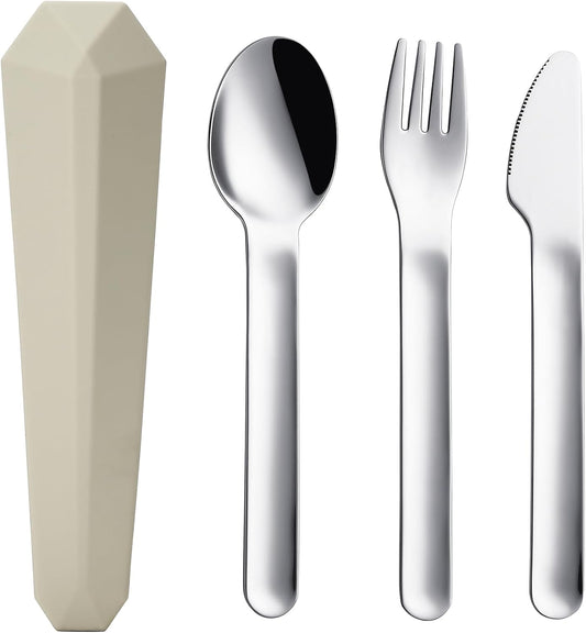 DEVICO Travel Utensils with Case, Reusable Camping Silverware Cutlery, 18/8 Stainless Steel Portable Fork Spoon Knife Set for Lunch Picnic School Workplace (Khaki)