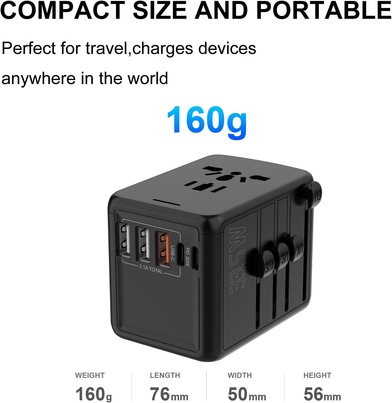 JMFONE 35W PD Universal Travel Adapter, Fast Charging International Power Plug Adapter with 3*USB-A & 2*USB-C Ports and Multi AC Sockets, All-in-one Travel Outlet Conversion Plugs for 200+ Countries