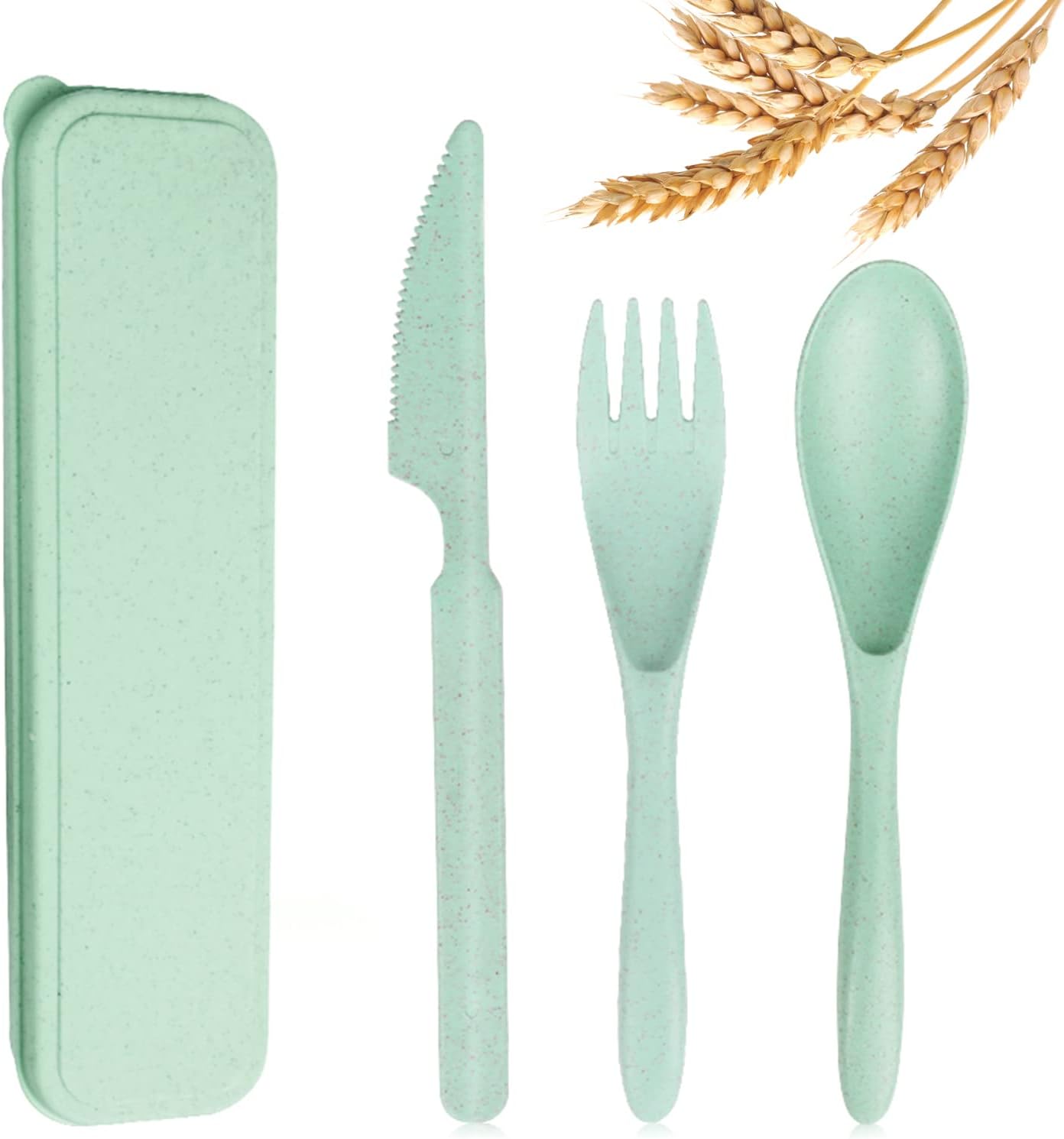 Reusable Travel Utensils Set with Case, Green Wheat Straw Portable Knife Fork Spoons Tableware, Eco-Friendly BPA Free Cutlery for Kids and Adults as Travel Picnic Camping Utensils