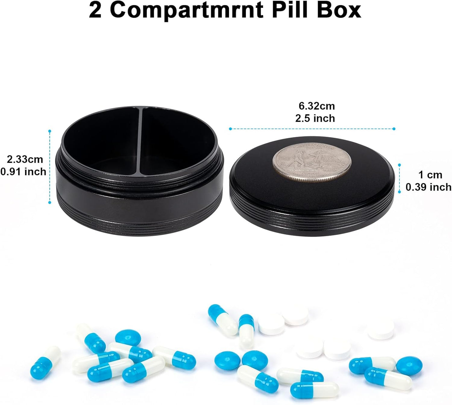 2 Compartment Metal Pill Box - Waterproof Aluminium Travel Pill Case Daily Purse Pocket Medicine Container, Portable Pill Organizer Holder for Medication, Vitamins, Fish Oils