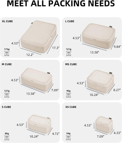6 Set Compression Packing Cubes for Travel, Large Medium Small Luggage Organizers, Storage Bags for Clothes (6 Pack, Cream White)