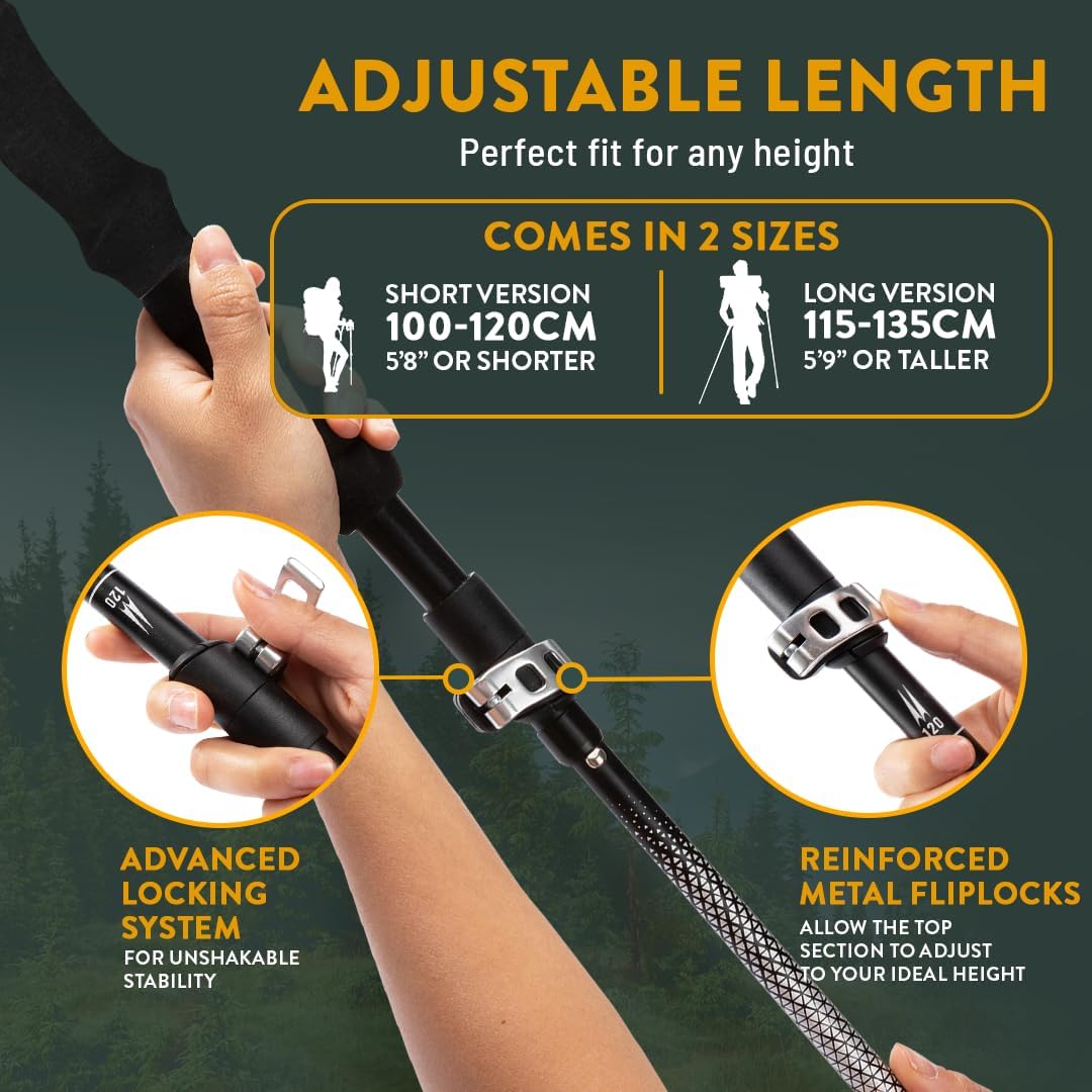 Premium Foldable Hiking Poles by USA Brand - Adjustable, Lightweight Trekking Poles Made of Aircraft Aluminum, Metal Flip Locks & Comfortable Real Cork and EVA Foam Grips