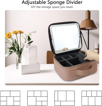 Travel Makeup Bag with LED Mirror Travel Makeup Organizer with 3 Lighted Settings, Adjustable Dividers and Makeup Brush Storage Bag Mocha