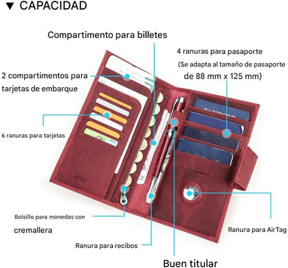 CONTACTS Full Grain Leather Family Passport Holder for 4 Womens Airtag Passport Wallet RFID Blocking Travel Passport Cover with 4 Passport Slot, 6 Card Slot (Red)