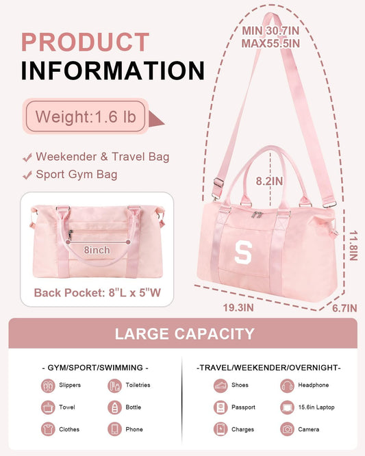 Initial Travel Duffel Bag Sports Gym Bag for Girls Teen Birthday Gifts,Pink Personalized Weekender Bag Carry On Tote Bags for Women Men,Waterproof Overnight Luggage Bag with Trolley Sleeve(Letter S)