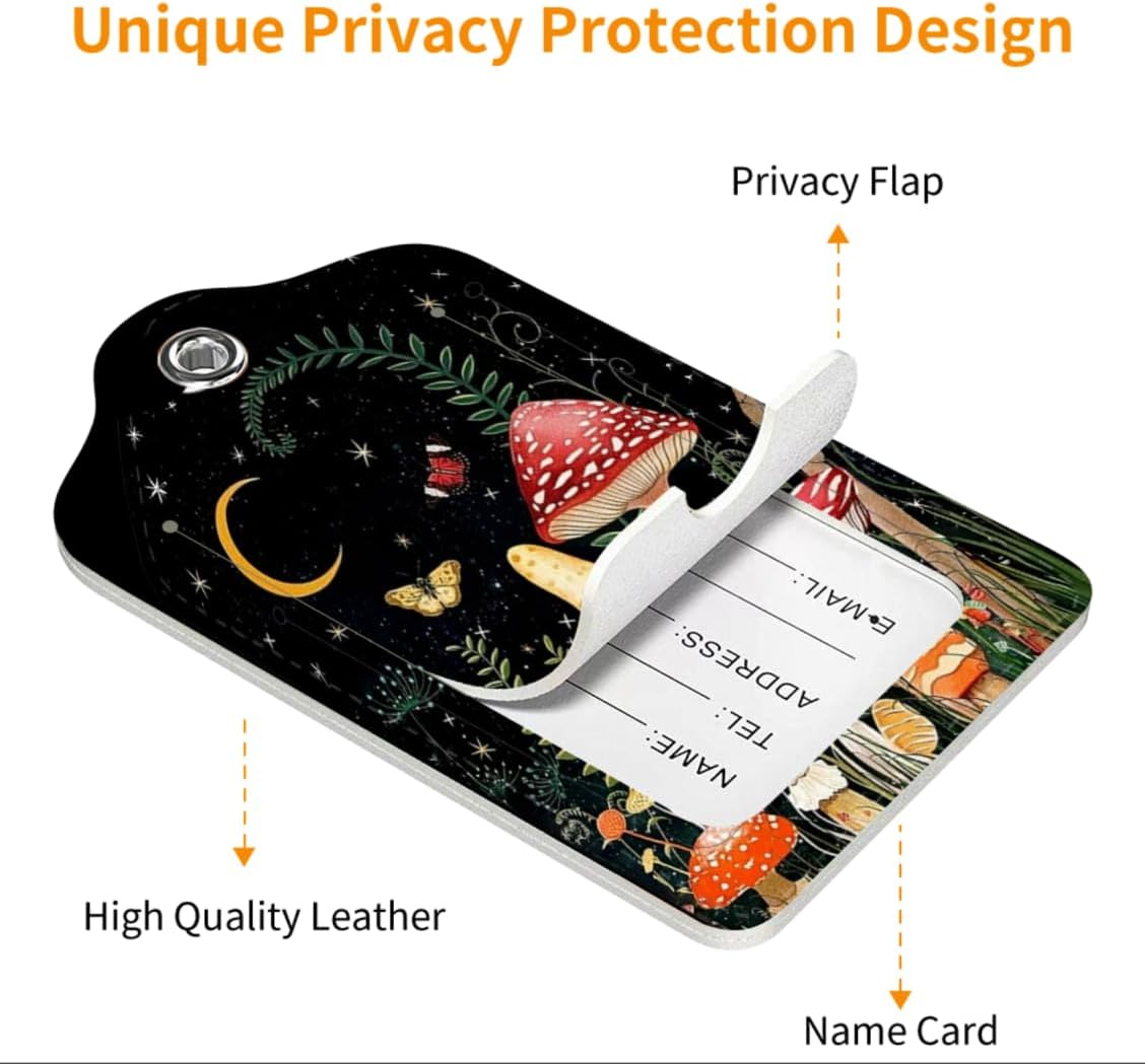 2 Pack Luggage Tag for Suitcase, Cute Unique Leather Bag Tags Identifiers Privacy Cover ID Label with Durable Steel Loop for Women Men Kids Girls Travel, Mushroom House