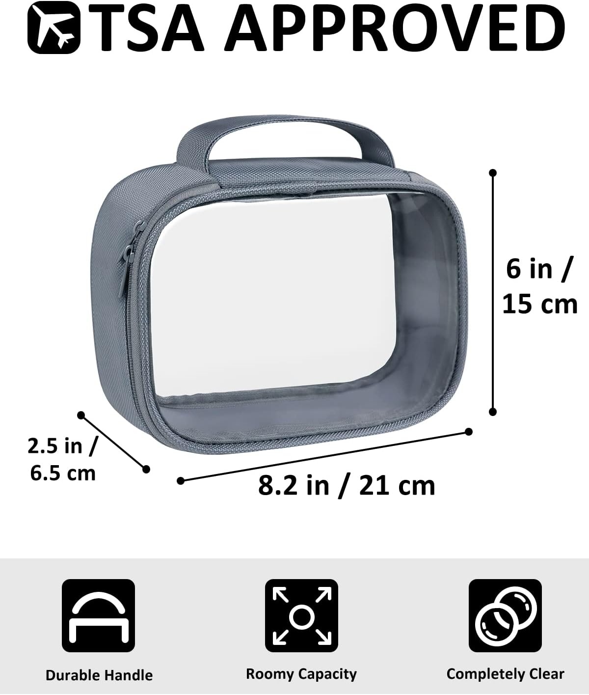 Moyad TSA Approved Clear Toiletry Bag with Handle, 3 Pack Quart Size 3-1-1 Liquids Pouch for Travel, Transparent Makeup & Cosmetic Organizer for Women Men, Grey