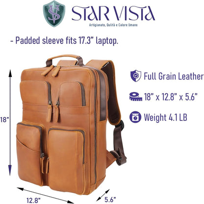 STAR VISTA Angelo 17.3" Vintage Full Grain Leather Laptop Backpack for Men, Multi Pockets, Casual Outdoor Business Travel Rucksack, YKK Zippers, Light Brown