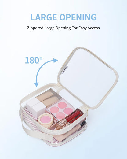 Narwey TSA Approved Clear Toiletry Bag for Travel, Waterproof PVC Clear Makeup Bags, Portable Compact Cosmetic Bag Make Up Organizer, Airport Airline Quart Size Compliant Bag (Dusty Pink Stripe)