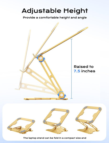 Adjustable Laptop Stand for Desk, Metal Foldable Laptop Riser, Portable Laptop Holder Mount, Ventilated Cooling Computer Notebook Stand for MacBook Air Pro, All 10-16'' Notebooks Laptops, Gold