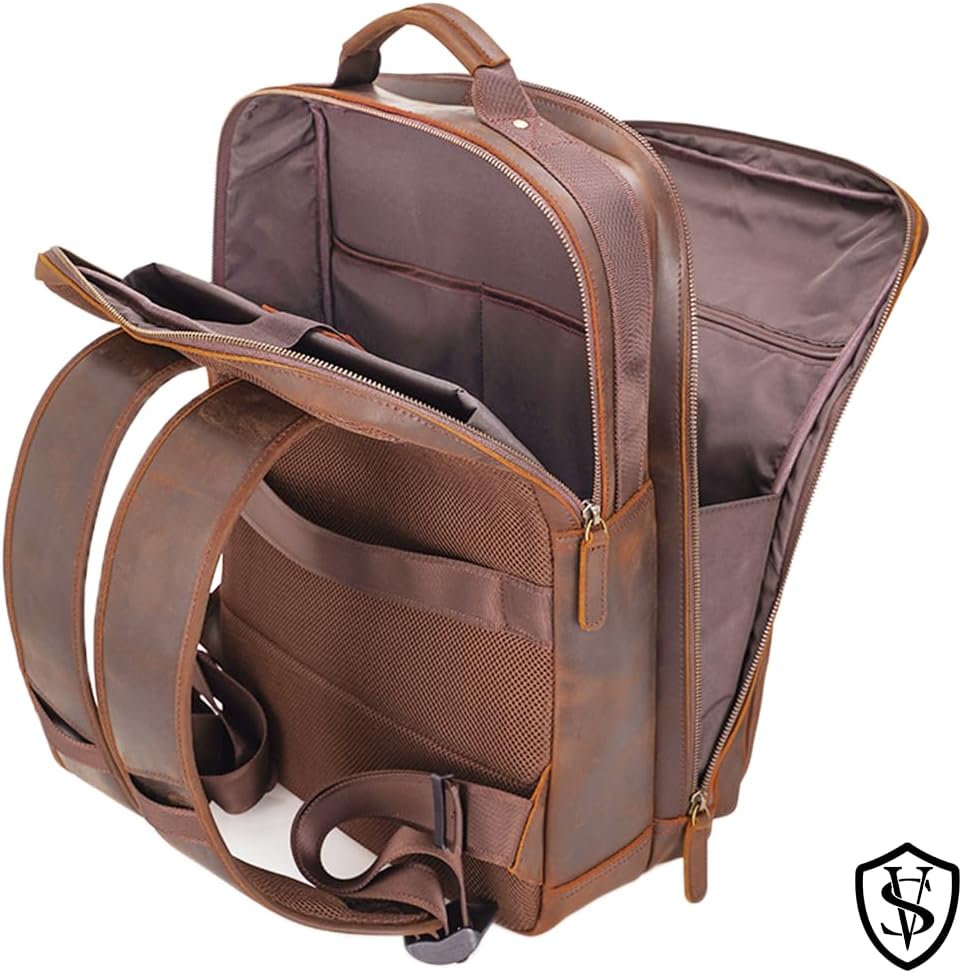 STAR VISTA Angelo 17.3" Vintage Full Grain Leather Laptop Backpack for Men, Multi Pockets, Casual Outdoor Business Travel Rucksack, YKK Zippers, Dark Brown