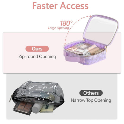 PACKISM Floral Texture Lace TSA Approved Toiletry Bag - 180° Opening Clear Makeup Bags in 2 Size, Clear Toiletry Bags with Handle, 0.5 mm Thick Non-deformable No Smell, Purple