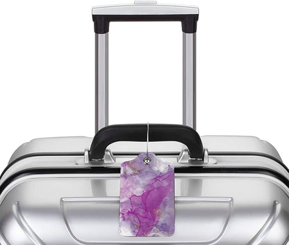 2 Pack Abstract Purple Luggage Tag for Suitcases Women, Art Painting Violet and Gold Marble PU Leather Airport Travel Bag Tags for Cruise Ships, Baggage Name Tags with with Full Back Privacy Cover