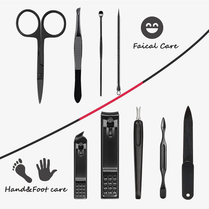 Manicure Set 9 in 1 Stainless Steel, Nail Clippers Scissors Pedicure Tools Kit - Portable Travel Grooming Kit for Men and Women with Leather Case (Red-BIG Nail Clipper)