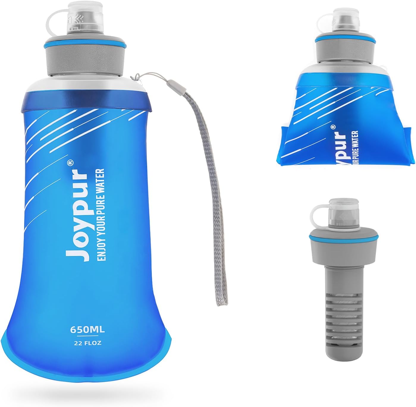 Joypur® Collapsible Squeeze Water Filter Bottle - 650ml with Filter with NSF/FDA Certification Befree or Peak Series replacement for Hiking,Running,Camping,Travel,Cycling,and Fishing; BPA-Free(Blue)